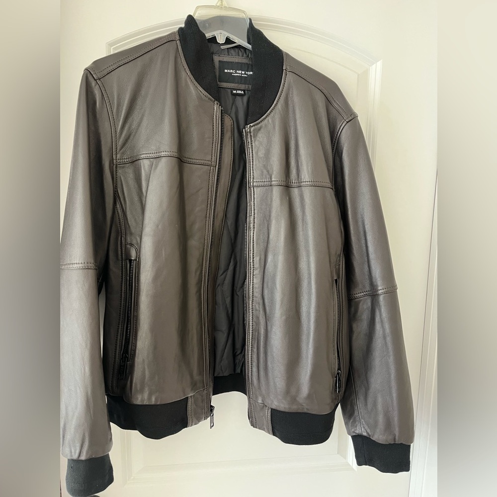 Marc New York Men's Brown Leather Bomber Jacket Size Medium